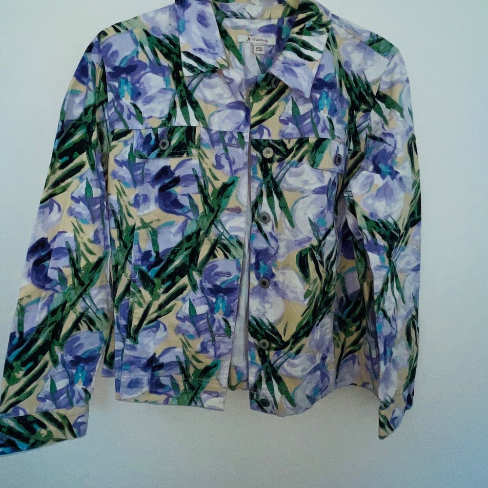 JM Collection Floral Denim Style Jacket Purple Blue Cotton Button Front Size 10